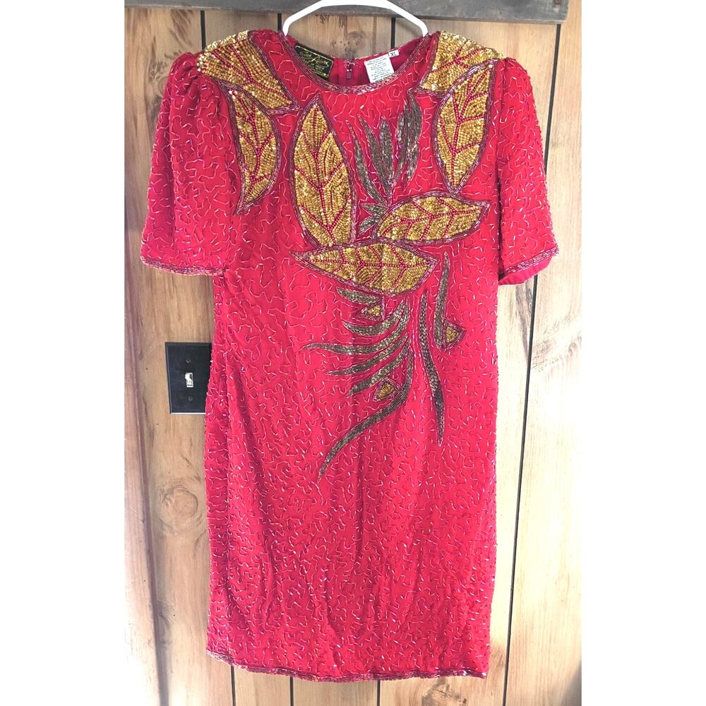 Vintage Silk Hand Beaded Red Gold Dress Med India 80s 90s Glam Cocktail Holiday